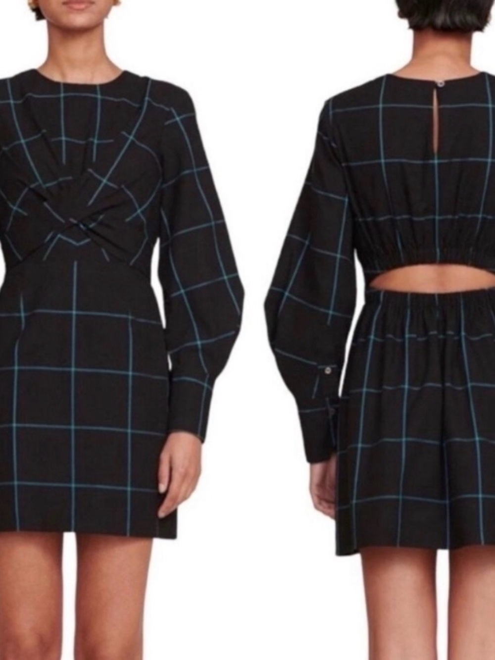 STAUD Black Mini Dress with Blue Windowpane